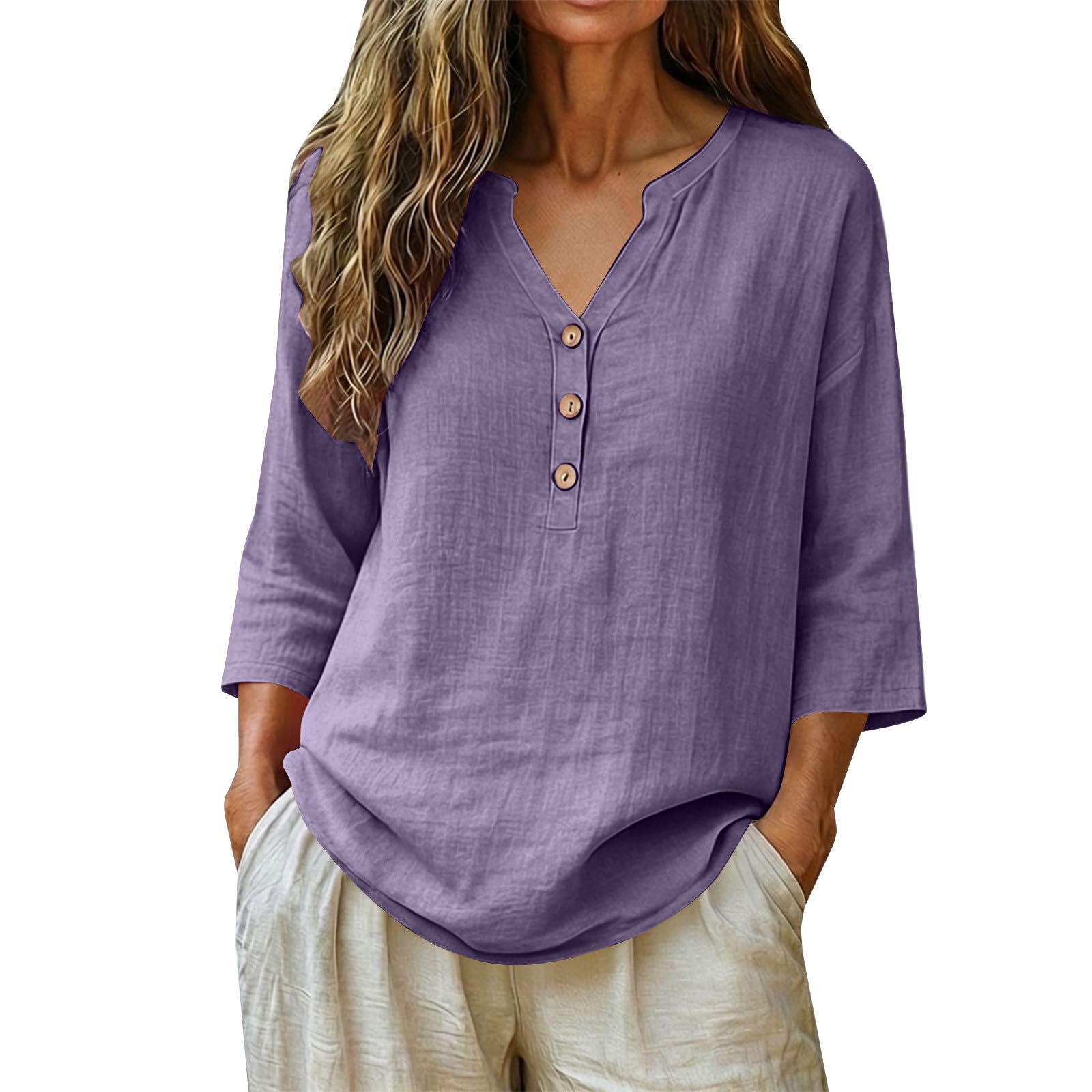 KUIH Ladies Tops 3/4 Sleeve Blouse Cotton Linen Summer Tops for Women Baggy Button V Neck Tunic Tops Plus Size Loose Fit Roll Up Sleeve T-Shirt Lightweight Vacation Casual Blouses Oversized Shirts
