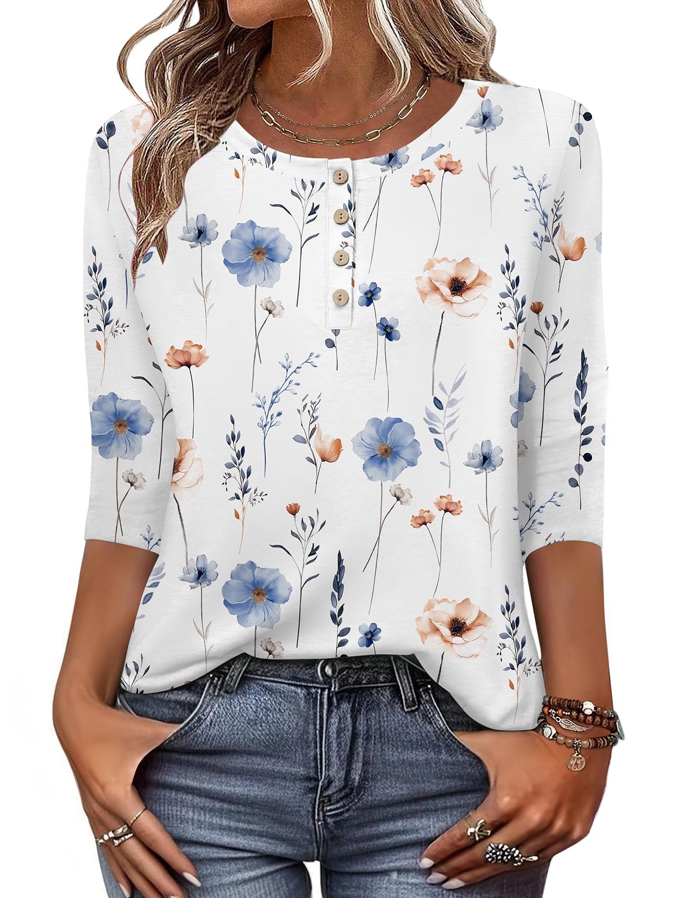 Zeagoo Women 3/4 Sleeve Tops Henley Crew Neck Blouses Casual Summer Tunic | Elegant Tops Summer Autumn T Shirts Dressy Outfits for Women Going Out Top Comfy Soft Variety of Floral S-3XL