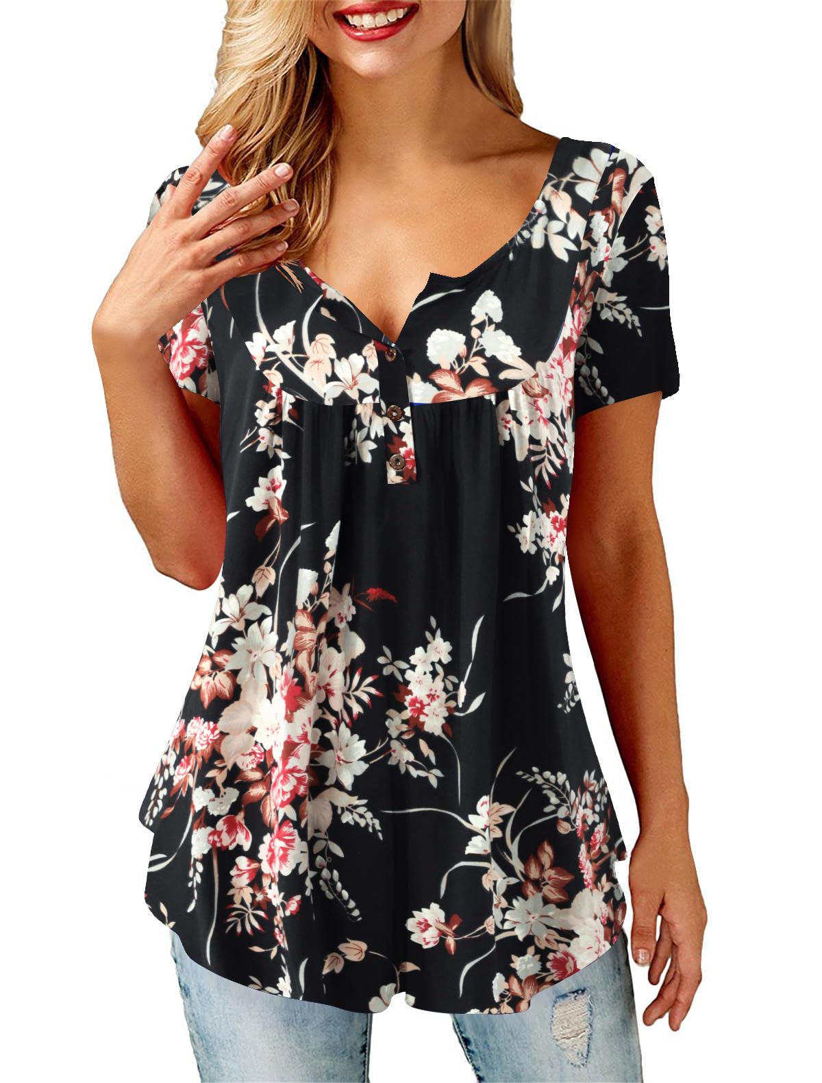 Beluring Women Casual V Neck Pleated Tunic Tops Shirts Blouse