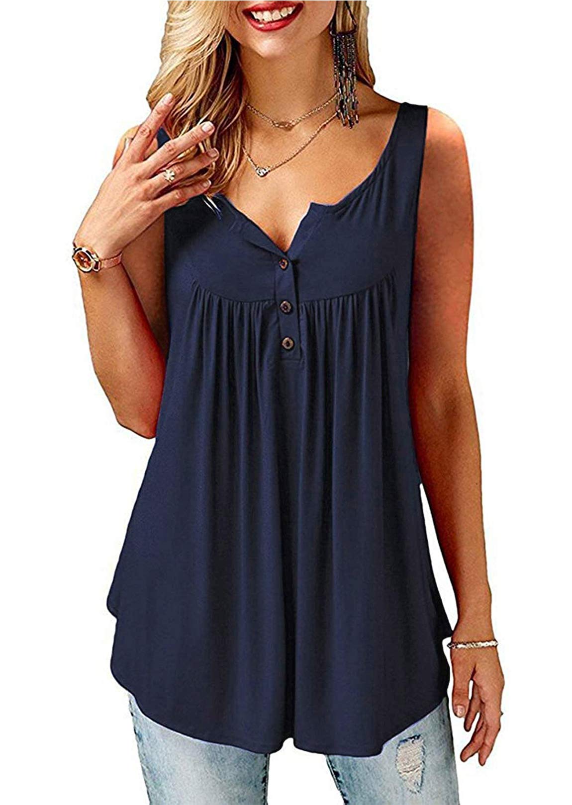 Beluring Women Casual V Neck Pleated Tunic Tops Shirts Blouse