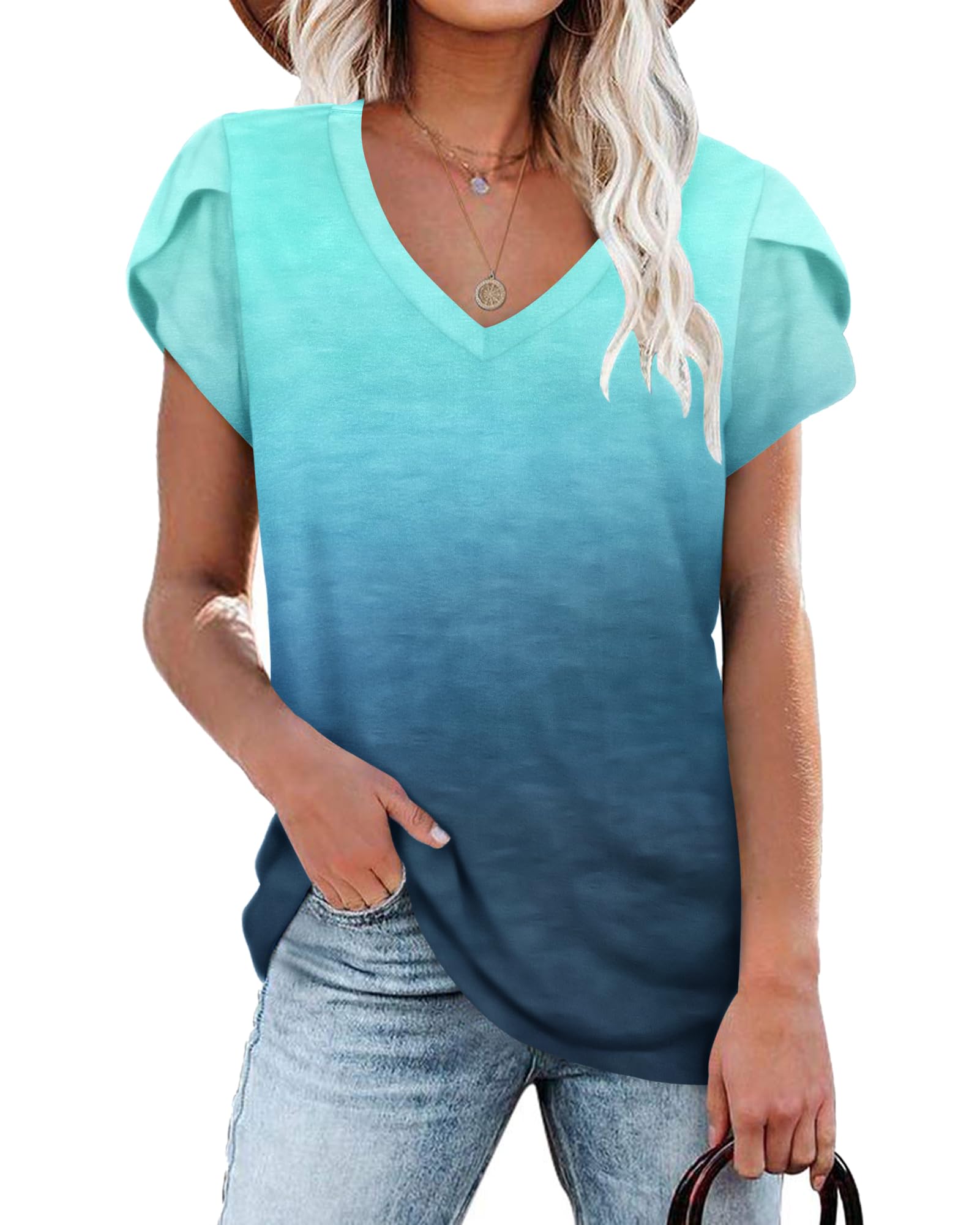 PLOKNRD Women's Casual V-Neck T-Shirt, Long Length, Petal Short Sleeve, Summer Classic Loose Tee, Pink, UK Size | Casual Ladies Beach Loose Tee Solid Color Boho Flower Leopard Print for Daily Outdoor Sports