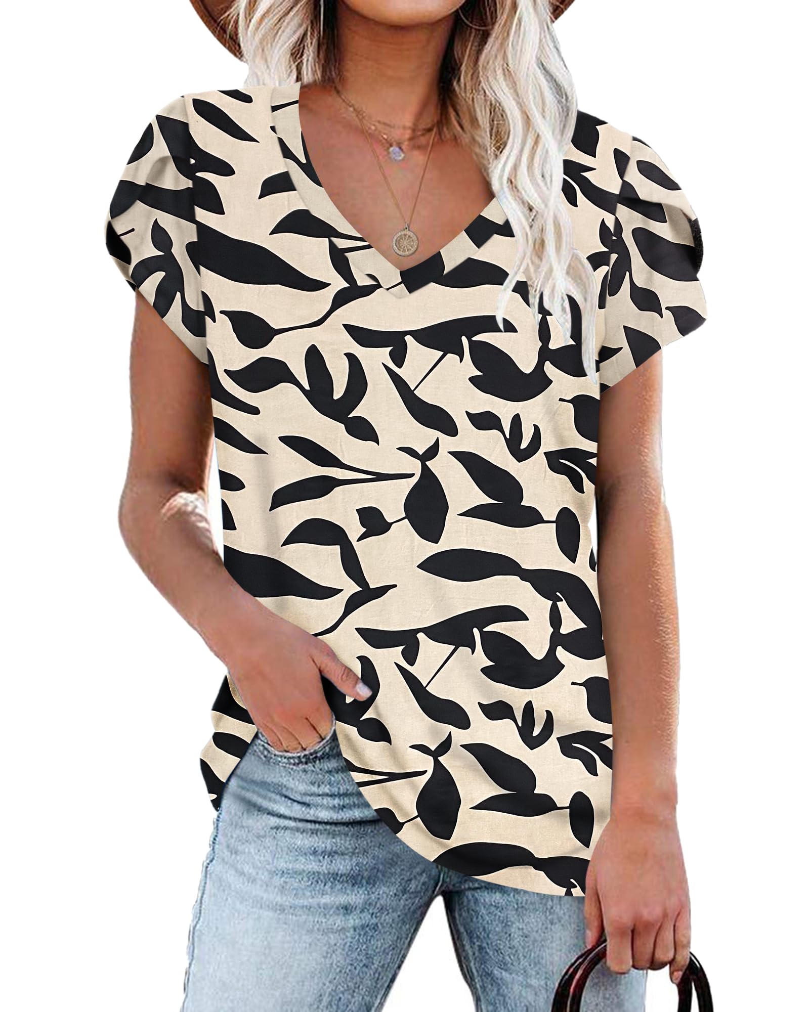 PLOKNRD Women's Casual V-Neck T-Shirt, Long Length, Petal Short Sleeve, Summer Classic Loose Tee, Pink, UK Size | Casual Ladies Beach Loose Tee Solid Color Boho Flower Leopard Print for Daily Outdoor Sports