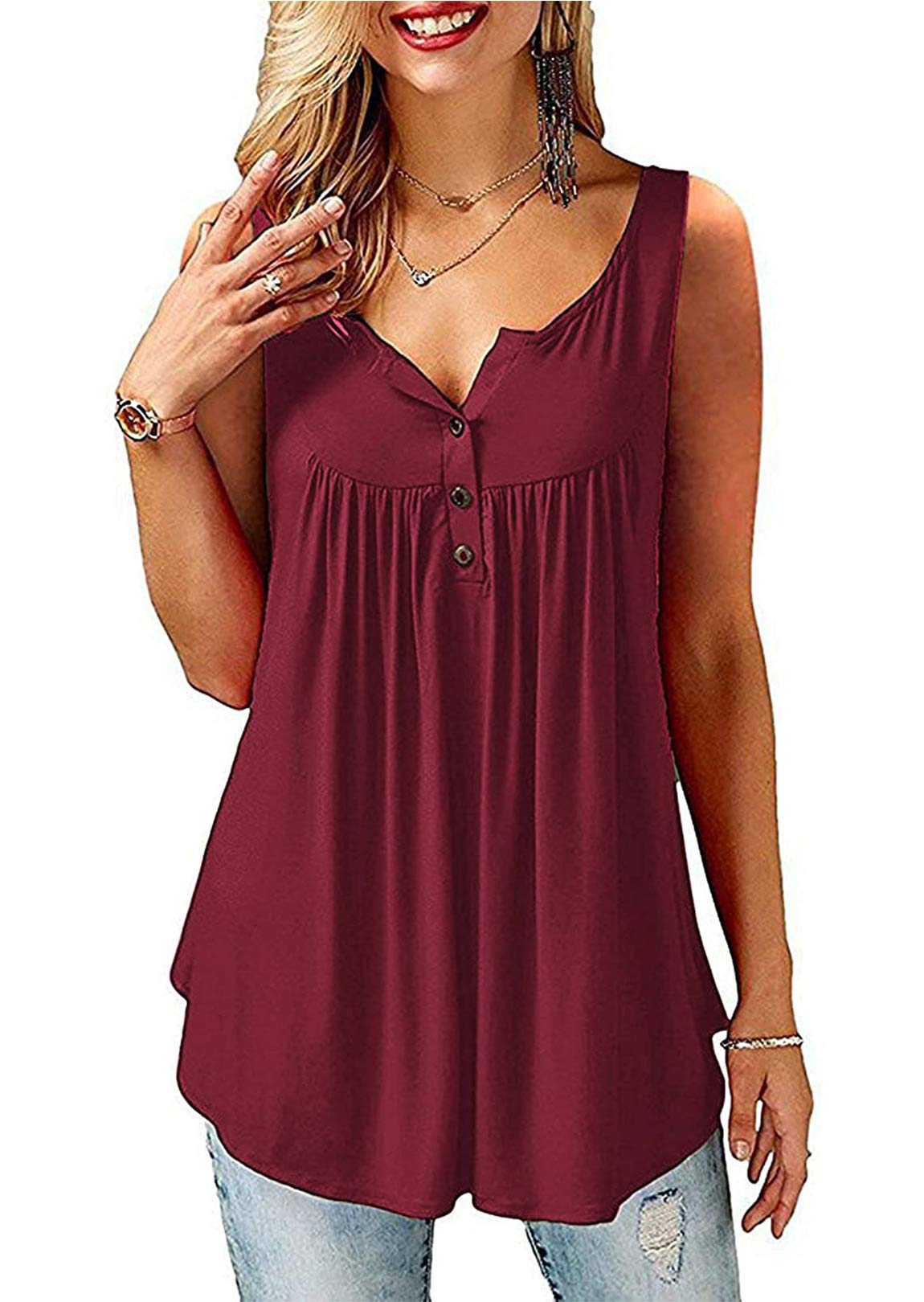 Beluring Women Casual V Neck Pleated Tunic Tops Shirts Blouse