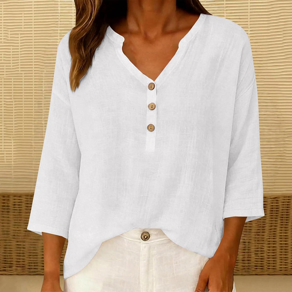 KUIH Ladies Tops 3/4 Sleeve Blouse Cotton Linen Summer Tops for Women Baggy Button V Neck Tunic Tops Plus Size Loose Fit Roll Up Sleeve T-Shirt Lightweight Vacation Casual Blouses Oversized Shirts