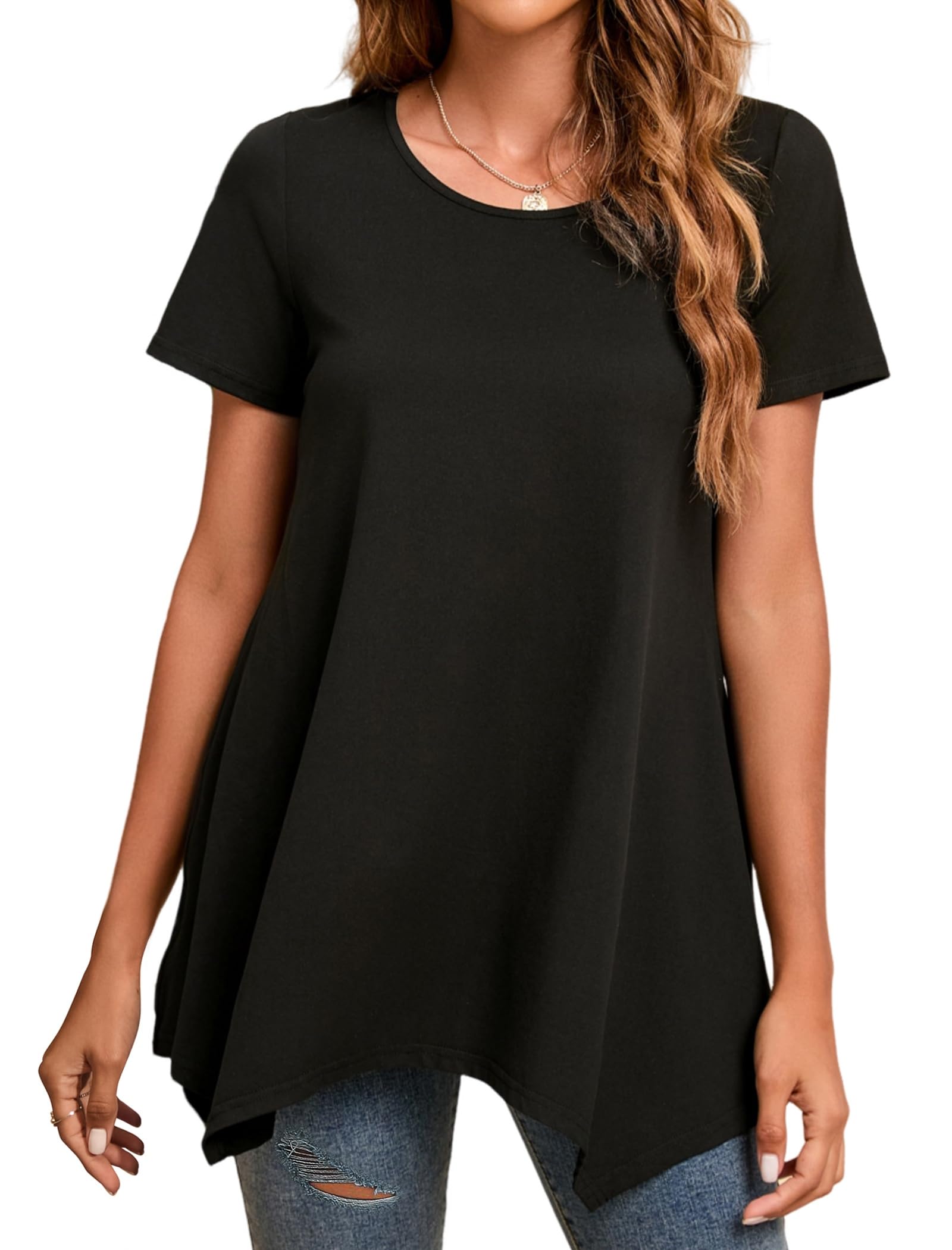 Enmain Womens Tunic Top 3/4 Long Sleeve Tunics for Women UK Plus Size Round Neck Longline Tops for Leggings Ladies Swing T Shirt Casual Loose Stretch Comfortable Blouses Shirts S-5XL