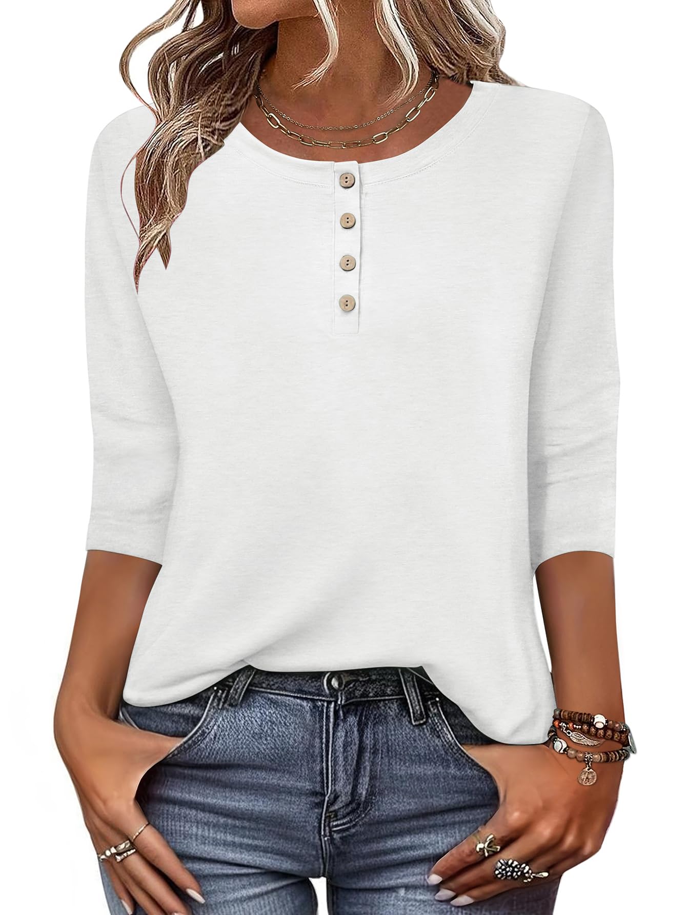 Zeagoo Women 3/4 Sleeve Tops Henley Crew Neck Blouses Casual Summer Tunic | Elegant Tops Summer Autumn T Shirts Dressy Outfits for Women Going Out Top Comfy Soft Variety of Floral S-3XL