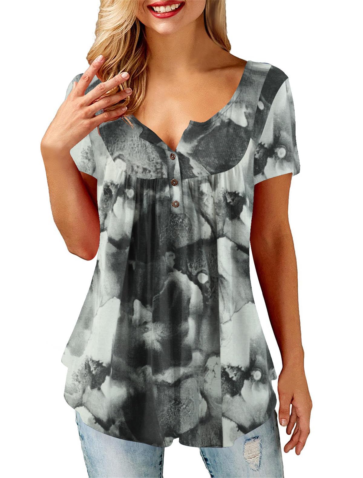 Beluring Women Casual V Neck Pleated Tunic Tops Shirts Blouse