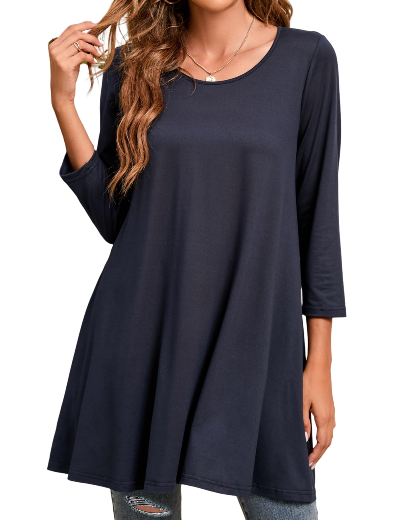 Enmain Womens Tunic Top 3/4 Long Sleeve Tunics for Women UK Plus Size Round Neck Longline Tops for Leggings Ladies Swing T Shirt Casual Loose Stretch Comfortable Blouses Shirts S-5XL