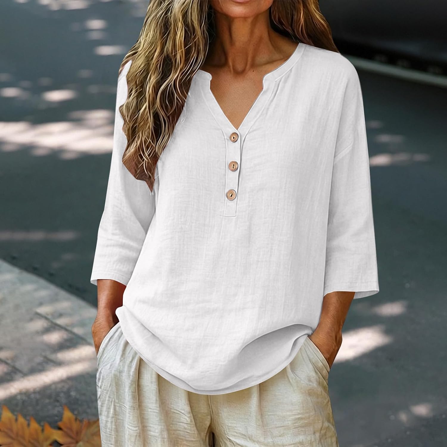 KUIH Ladies Tops 3/4 Sleeve Blouse Cotton Linen Summer Tops for Women Baggy Button V Neck Tunic Tops Plus Size Loose Fit Roll Up Sleeve T-Shirt Lightweight Vacation Casual Blouses Oversized Shirts