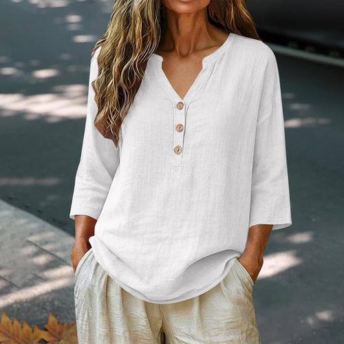 KUIH Ladies Tops 3/4 Sleeve Blouse Cotton Linen Summer Tops for Women Baggy Button V Neck Tunic Tops Plus Size Loose Fit Roll Up Sleeve T-Shirt Lightweight Vacation Casual Blouses Oversized Shirts