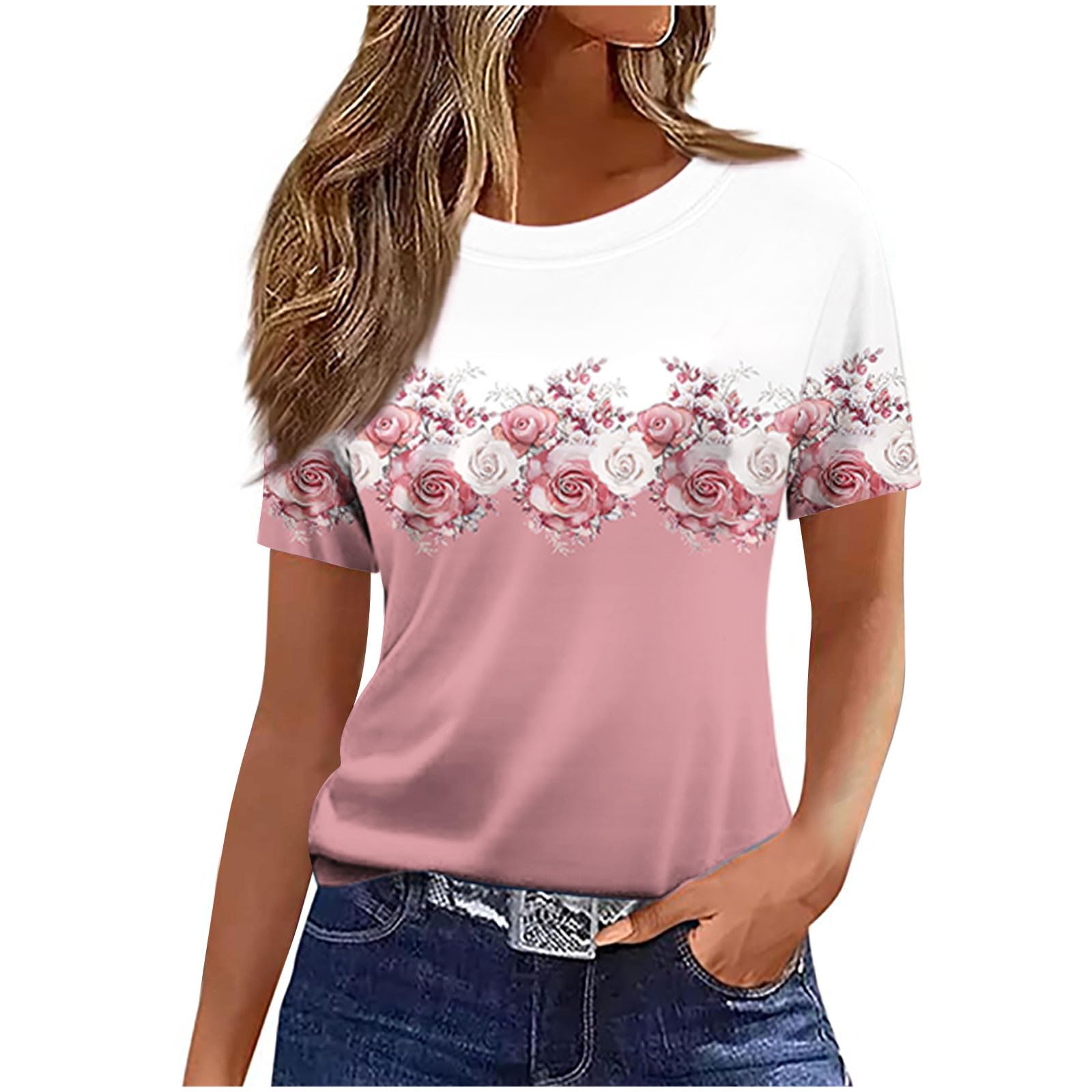 Womens Flower T-Shirt Ladies Casual Tops Short Sleeve T-Shirts Crew Neck Pullover Floral Printed T Shirt Comfortable Blouse Dressy Tee Lightweight Jumper Loose Sweatshirt Business Clothes