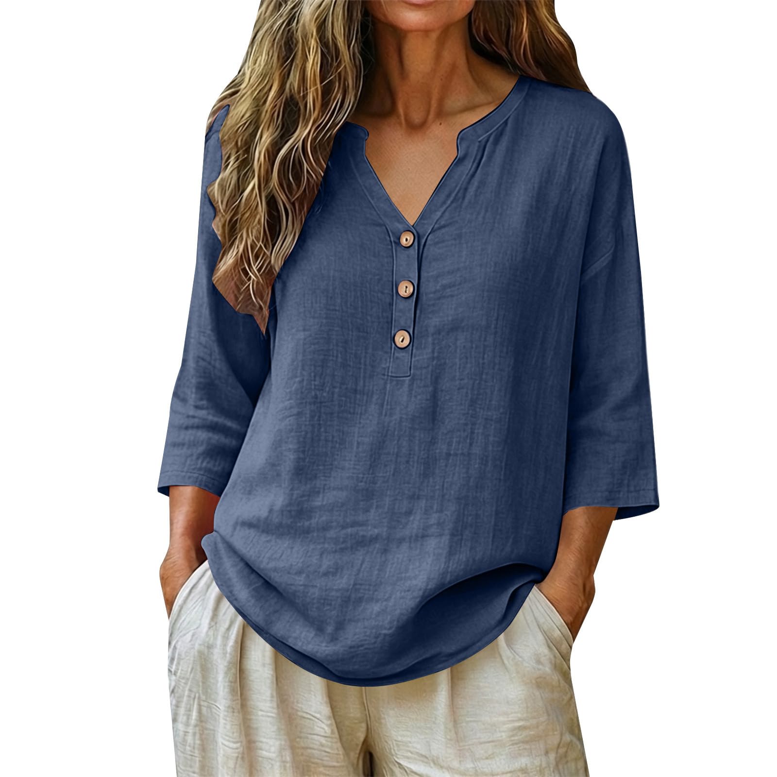 KUIH Ladies Tops 3/4 Sleeve Blouse Cotton Linen Summer Tops for Women Baggy Button V Neck Tunic Tops Plus Size Loose Fit Roll Up Sleeve T-Shirt Lightweight Vacation Casual Blouses Oversized Shirts
