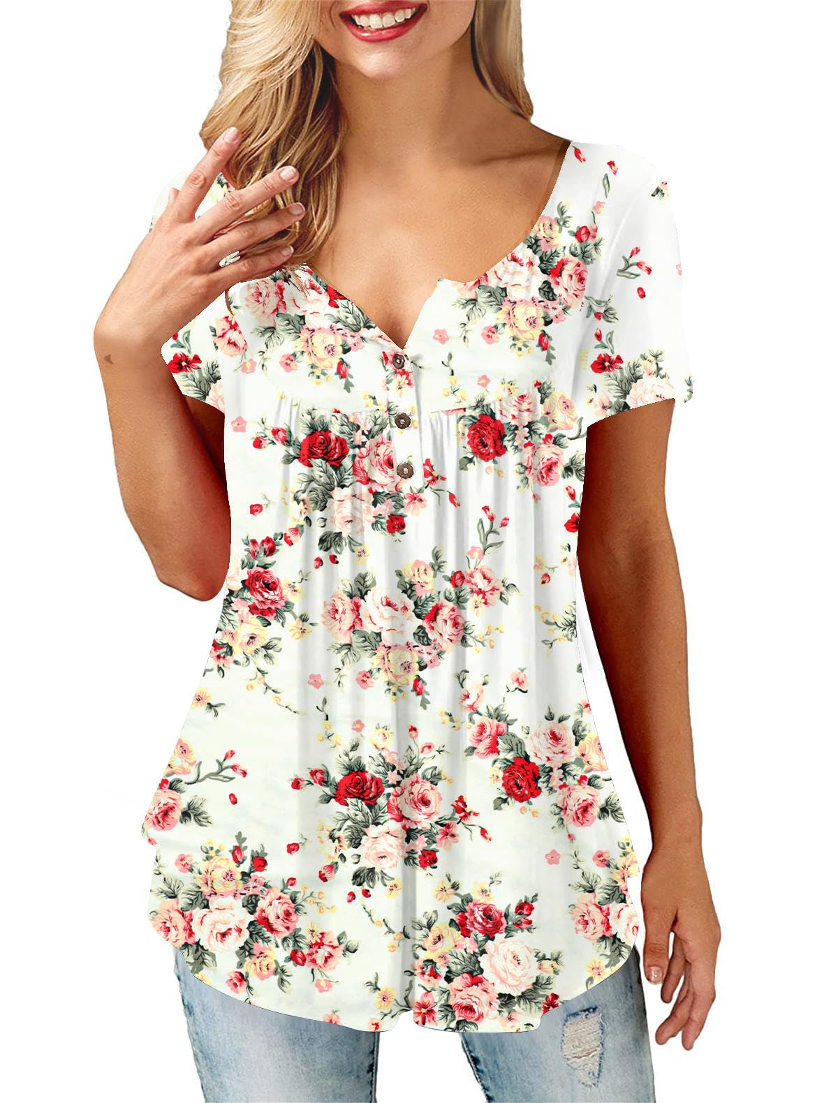 Beluring Women Casual V Neck Pleated Tunic Tops Shirts Blouse