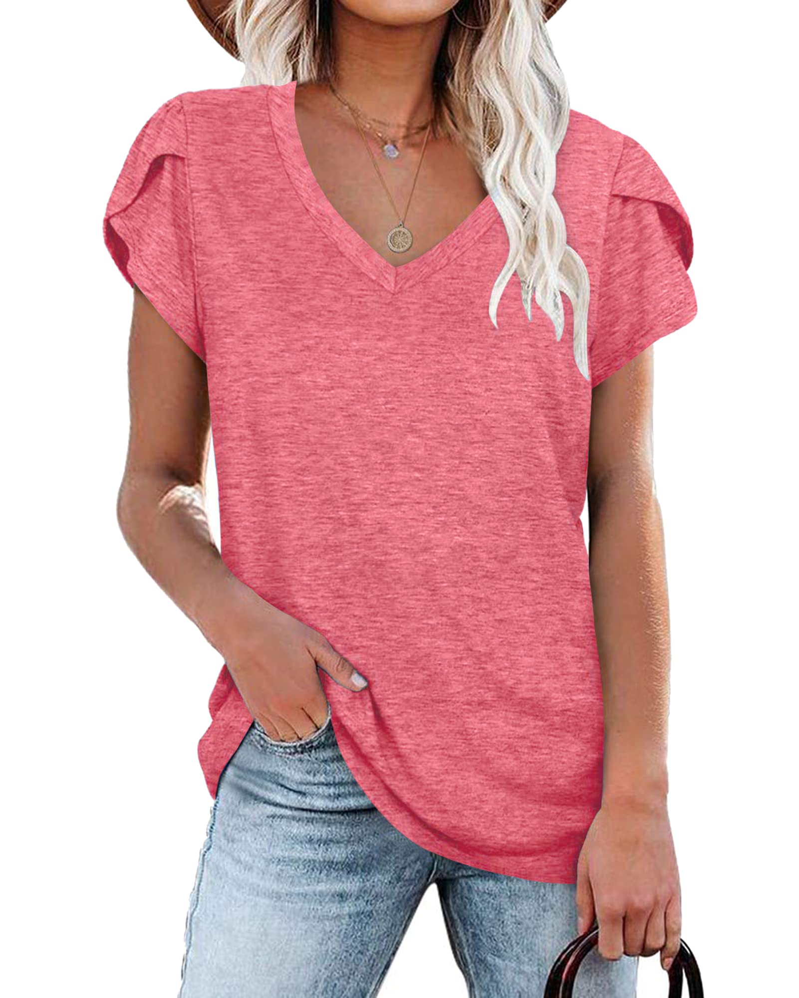 PLOKNRD Women's Casual V-Neck T-Shirt, Long Length, Petal Short Sleeve, Summer Classic Loose Tee, Pink, UK Size | Casual Ladies Beach Loose Tee Solid Color Boho Flower Leopard Print for Daily Outdoor Sports