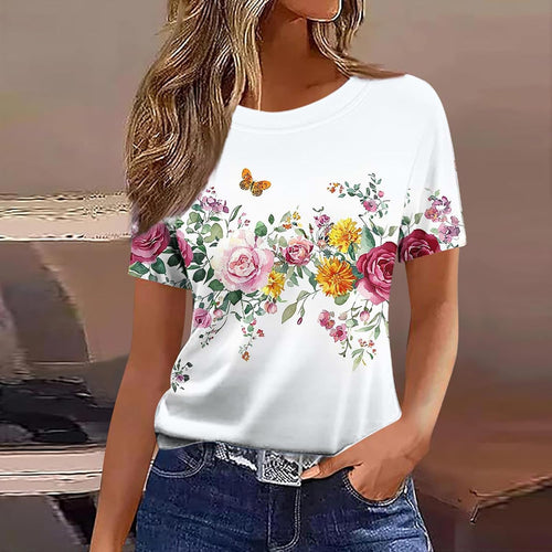 Womens Flower T-Shirt Ladies Casual Tops Short Sleeve T-Shirts Crew Neck Pullover Floral Printed T Shirt Comfortable Blouse Dressy Tee Lightweight Jumper Loose Sweatshirt Business Clothes