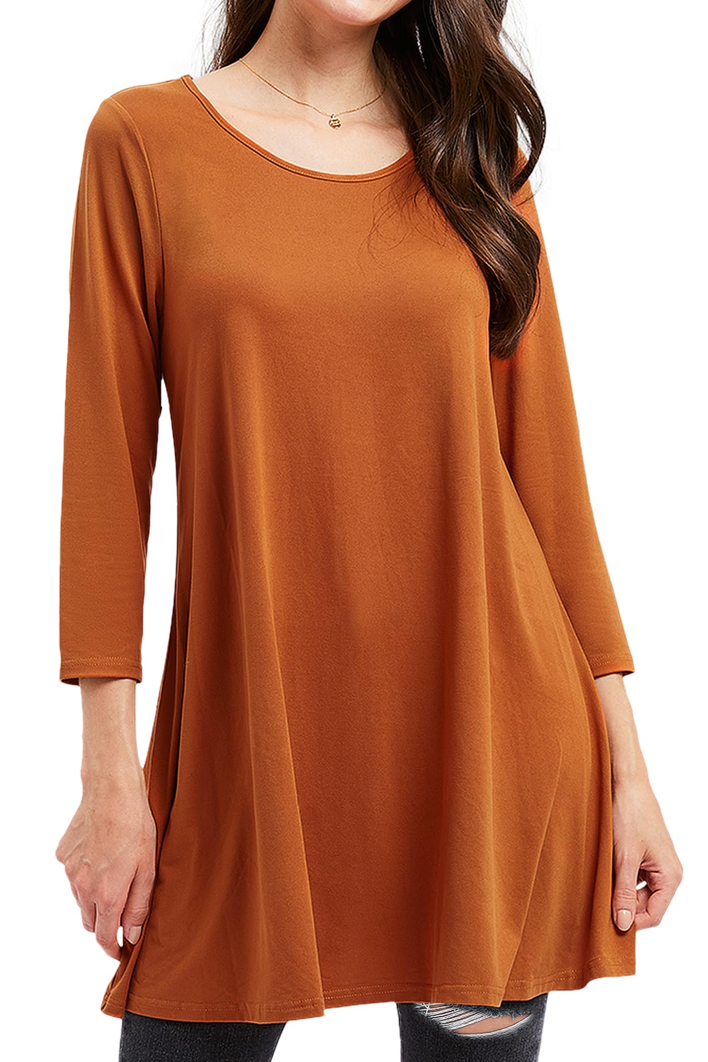 Enmain Womens Tunic Top 3/4 Long Sleeve Tunics for Women UK Plus Size Round Neck Longline Tops for Leggings Ladies Swing T Shirt Casual Loose Stretch Comfortable Blouses Shirts S-5XL