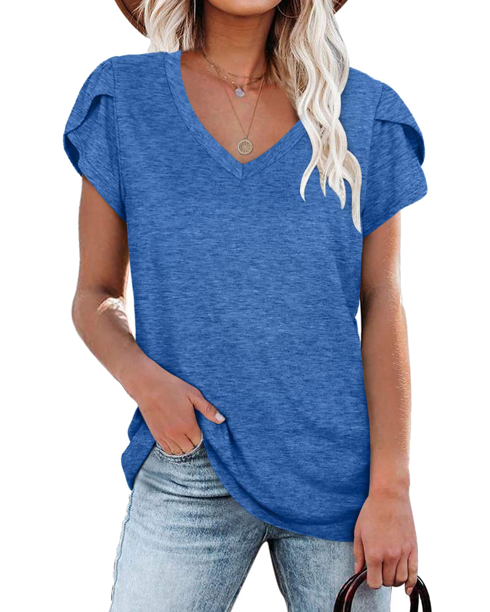 PLOKNRD Women's Casual V-Neck T-Shirt, Long Length, Petal Short Sleeve, Summer Classic Loose Tee, Pink, UK Size | Casual Ladies Beach Loose Tee Solid Color Boho Flower Leopard Print for Daily Outdoor Sports