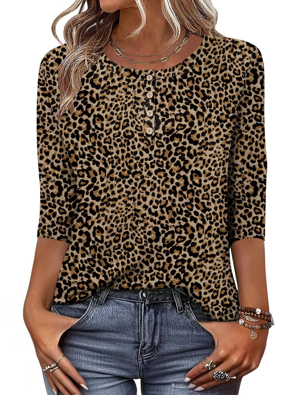 Zeagoo Women 3/4 Sleeve Tops Henley Crew Neck Blouses Casual Summer Tunic | Elegant Tops Summer Autumn T Shirts Dressy Outfits for Women Going Out Top Comfy Soft Variety of Floral S-3XL