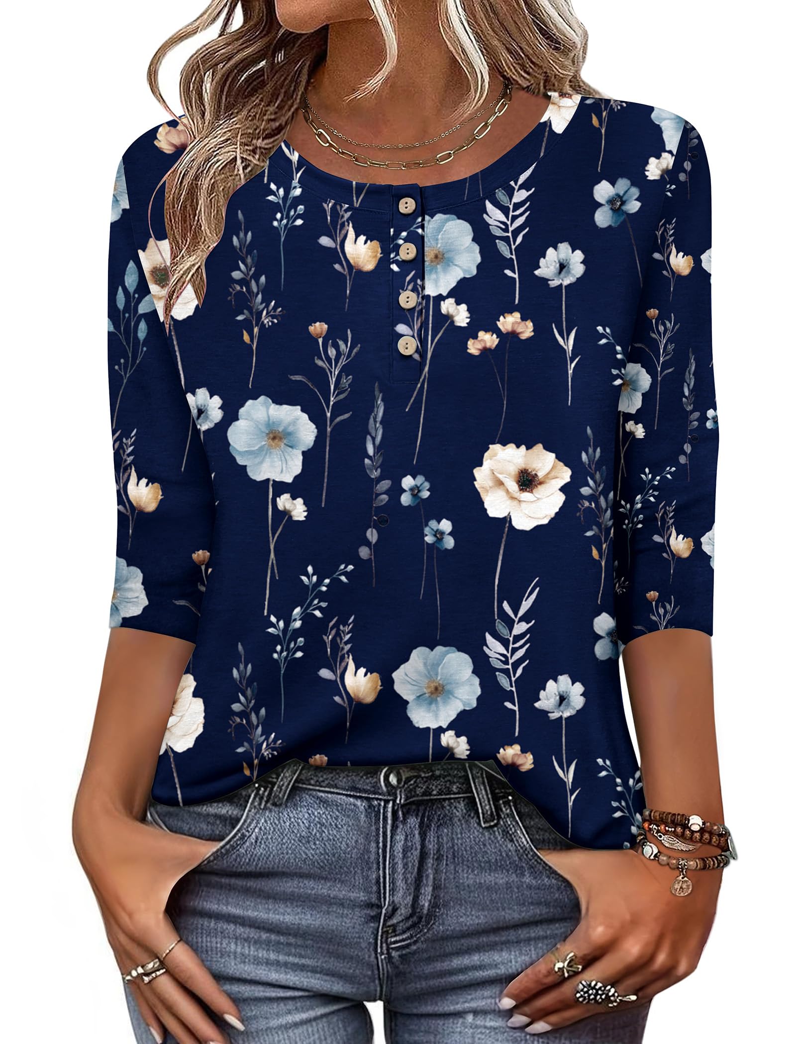 Zeagoo Women 3/4 Sleeve Tops Henley Crew Neck Blouses Casual Summer Tunic | Elegant Tops Summer Autumn T Shirts Dressy Outfits for Women Going Out Top Comfy Soft Variety of Floral S-3XL