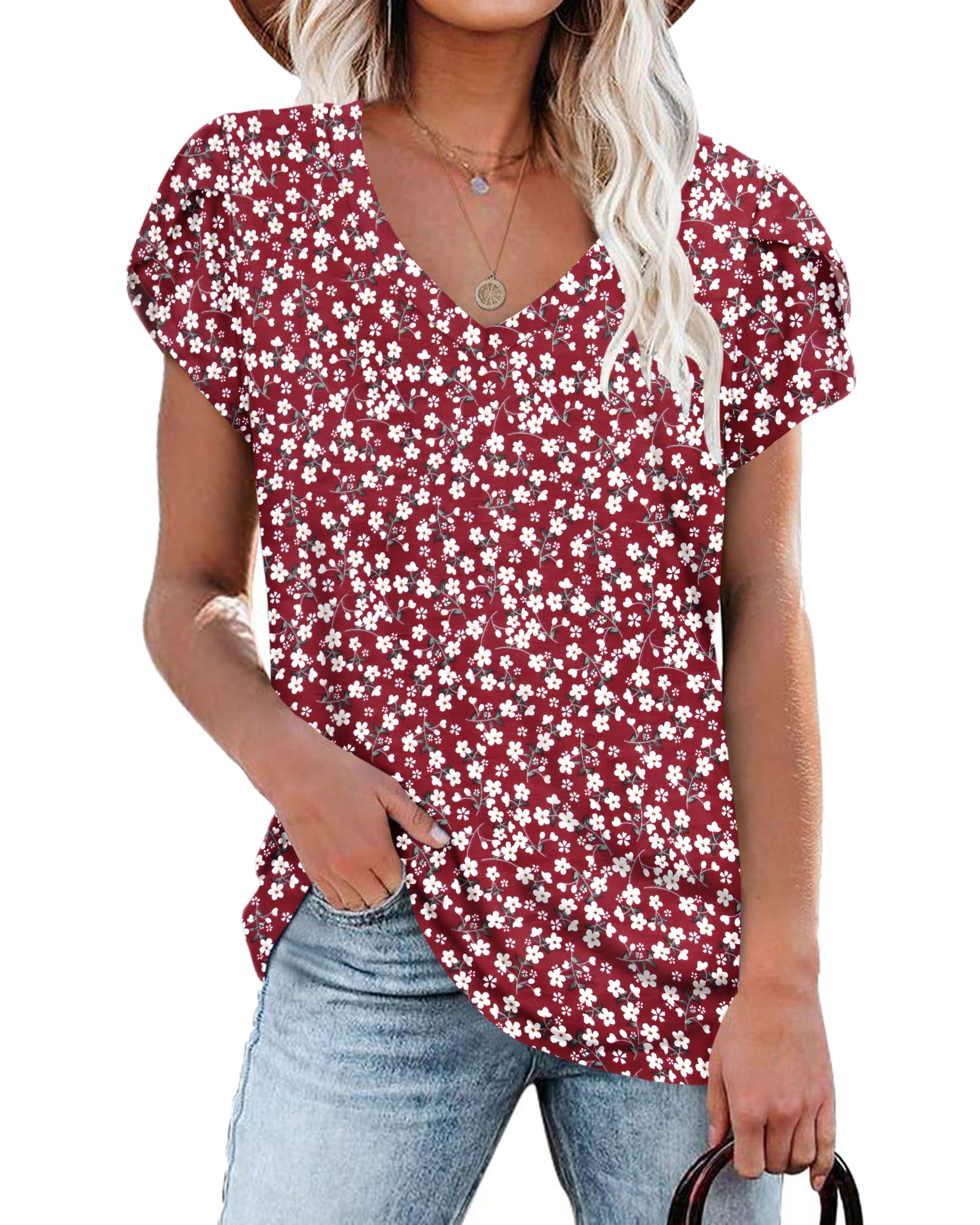 PLOKNRD Women's Casual V-Neck T-Shirt, Long Length, Petal Short Sleeve, Summer Classic Loose Tee, Pink, UK Size | Casual Ladies Beach Loose Tee Solid Color Boho Flower Leopard Print for Daily Outdoor Sports