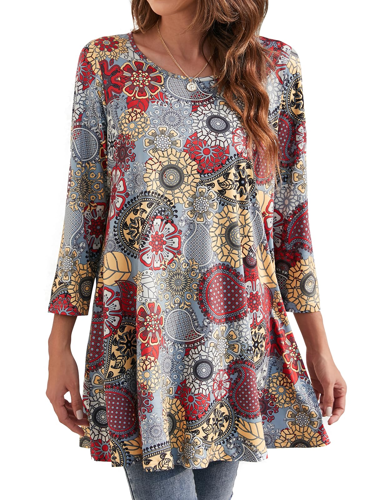 Enmain Womens Tunic Top 3/4 Long Sleeve Tunics for Women UK Plus Size Round Neck Longline Tops for Leggings Ladies Swing T Shirt Casual Loose Stretch Comfortable Blouses Shirts S-5XL