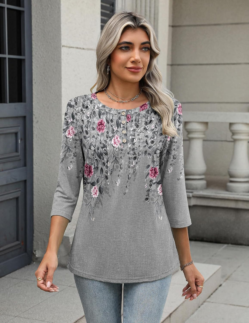 Zeagoo Women 3/4 Sleeve Tops Henley Crew Neck Blouses Casual Summer Tunic | Elegant Tops Summer Autumn T Shirts Dressy Outfits for Women Going Out Top Comfy Soft Variety of Floral S-3XL