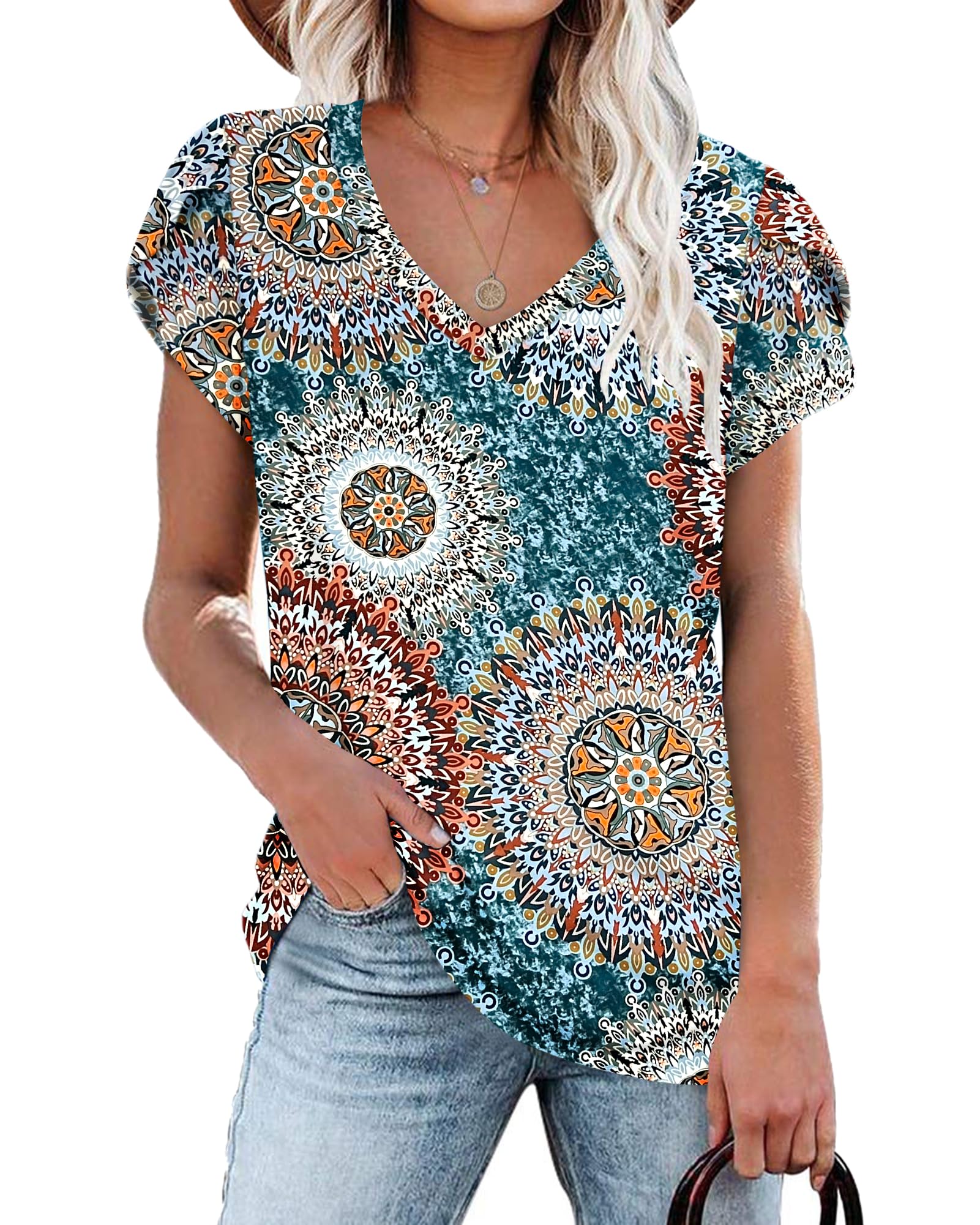 PLOKNRD Women's Casual V-Neck T-Shirt, Long Length, Petal Short Sleeve, Summer Classic Loose Tee, Pink, UK Size | Casual Ladies Beach Loose Tee Solid Color Boho Flower Leopard Print for Daily Outdoor Sports
