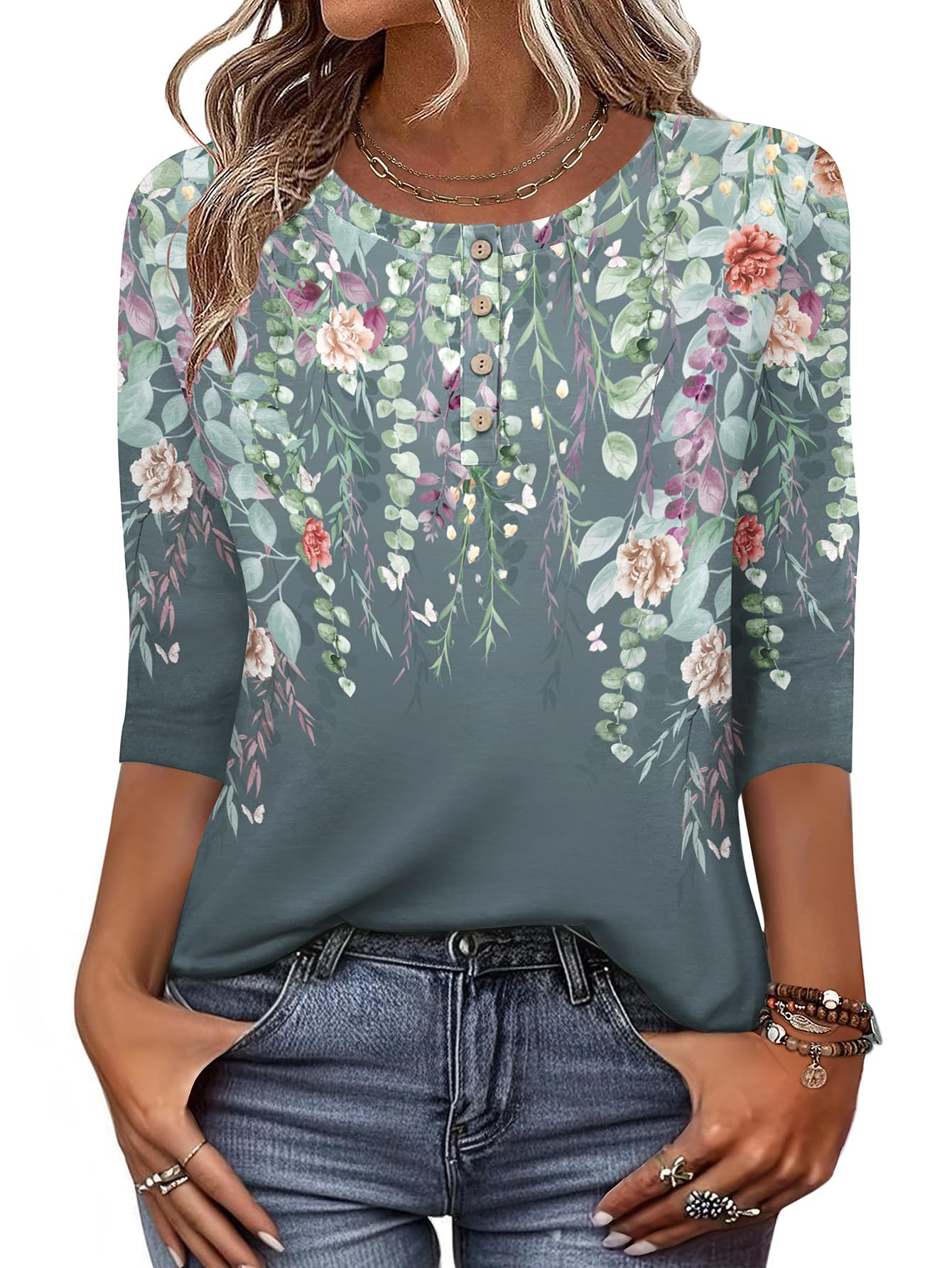 Zeagoo Women 3/4 Sleeve Tops Henley Crew Neck Blouses Casual Summer Tunic | Elegant Tops Summer Autumn T Shirts Dressy Outfits for Women Going Out Top Comfy Soft Variety of Floral S-3XL