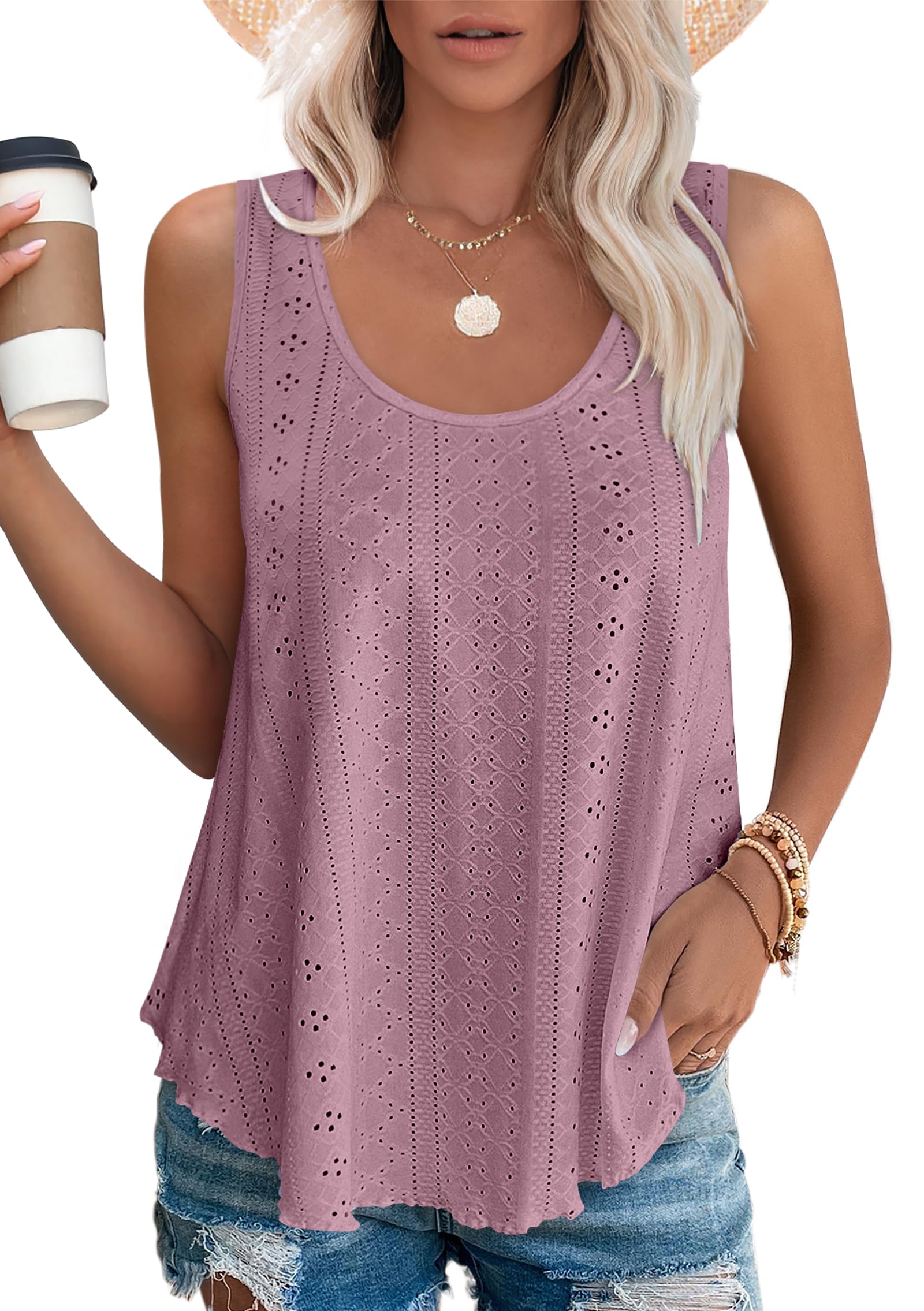 Aokosor Ladies Tops Vest Scoop Neck Sleeveless Eyelet Embroidery Tank Women Summer Clothes