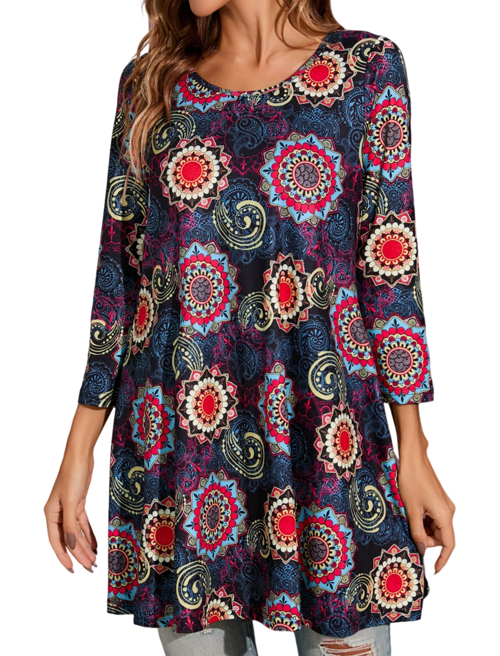 Enmain Womens Tunic Top 3/4 Long Sleeve Tunics for Women UK Plus Size Round Neck Longline Tops for Leggings Ladies Swing T Shirt Casual Loose Stretch Comfortable Blouses Shirts S-5XL