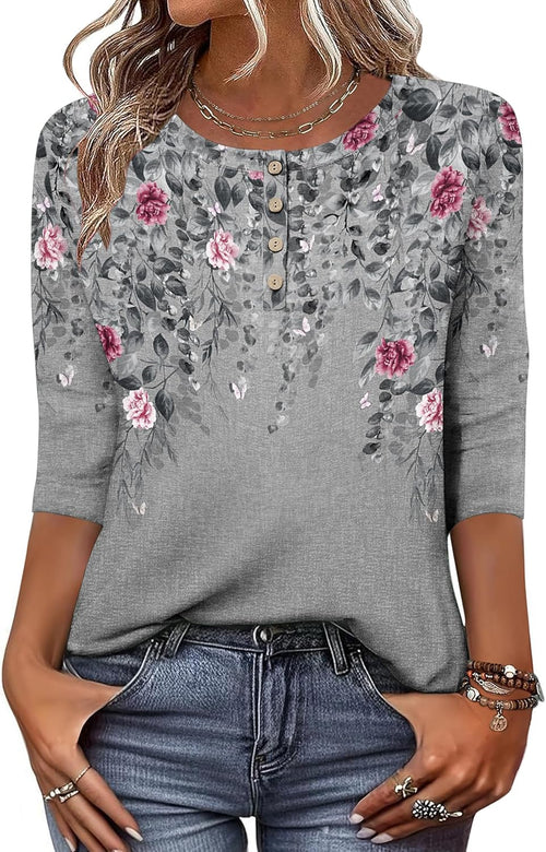 Zeagoo Women 3/4 Sleeve Tops Henley Crew Neck Blouses Casual Summer Tunic | Elegant Tops Summer Autumn T Shirts Dressy Outfits for Women Going Out Top Comfy Soft Variety of Floral S-3XL