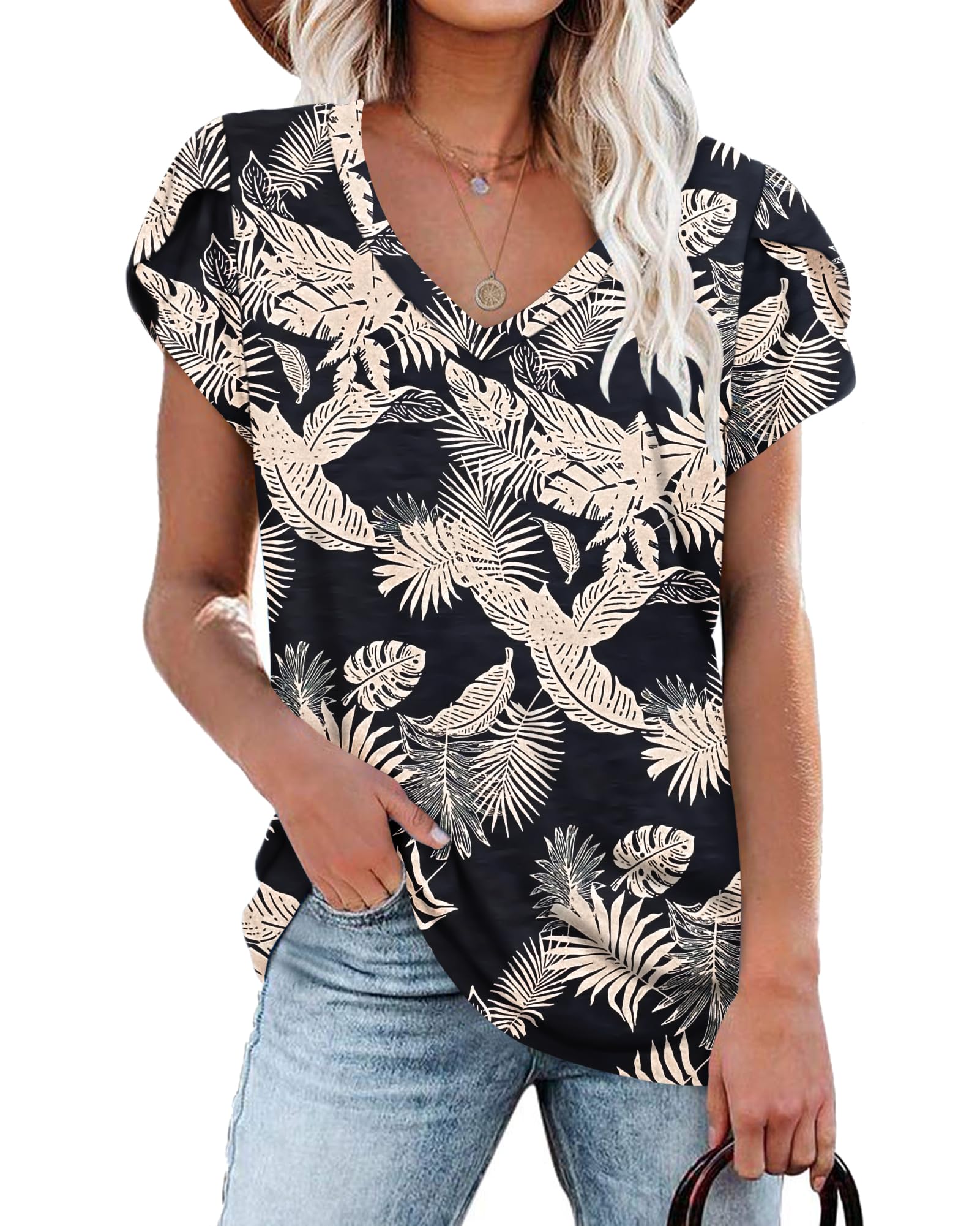 PLOKNRD Women's Casual V-Neck T-Shirt, Long Length, Petal Short Sleeve, Summer Classic Loose Tee, Pink, UK Size | Casual Ladies Beach Loose Tee Solid Color Boho Flower Leopard Print for Daily Outdoor Sports