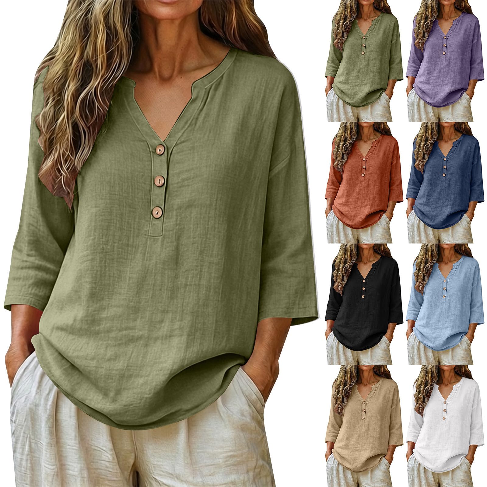 KUIH Ladies Tops 3/4 Sleeve Blouse Cotton Linen Summer Tops for Women Baggy Button V Neck Tunic Tops Plus Size Loose Fit Roll Up Sleeve T-Shirt Lightweight Vacation Casual Blouses Oversized Shirts