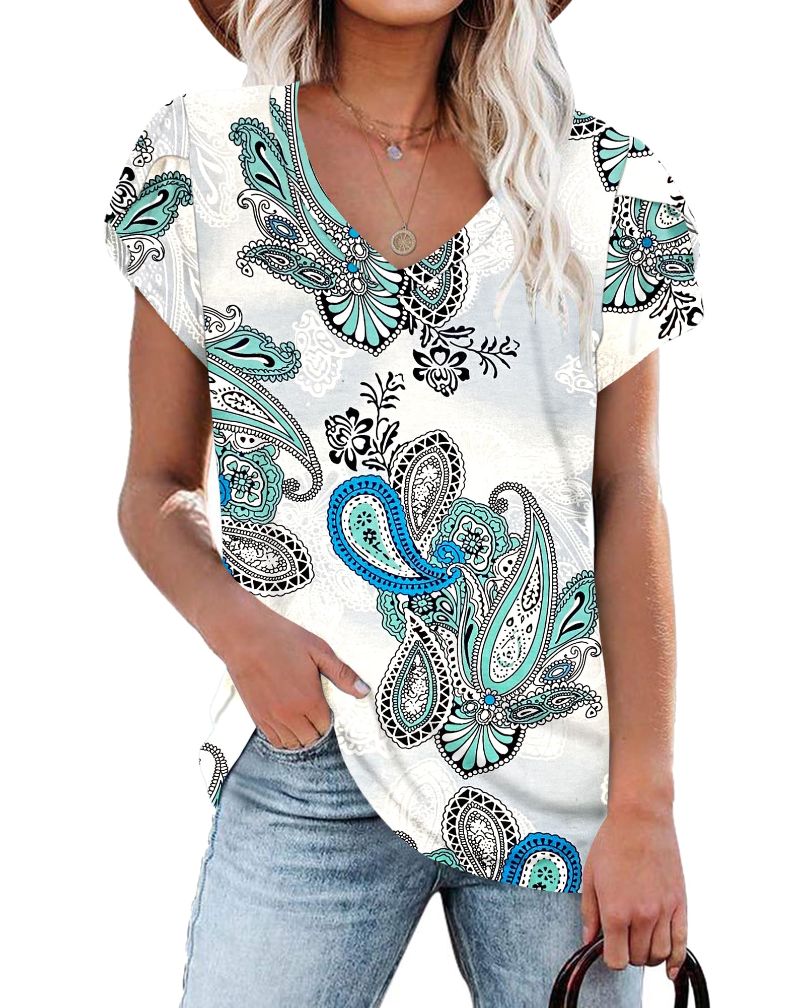 PLOKNRD Women's Casual V-Neck T-Shirt, Long Length, Petal Short Sleeve, Summer Classic Loose Tee, Pink, UK Size | Casual Ladies Beach Loose Tee Solid Color Boho Flower Leopard Print for Daily Outdoor Sports