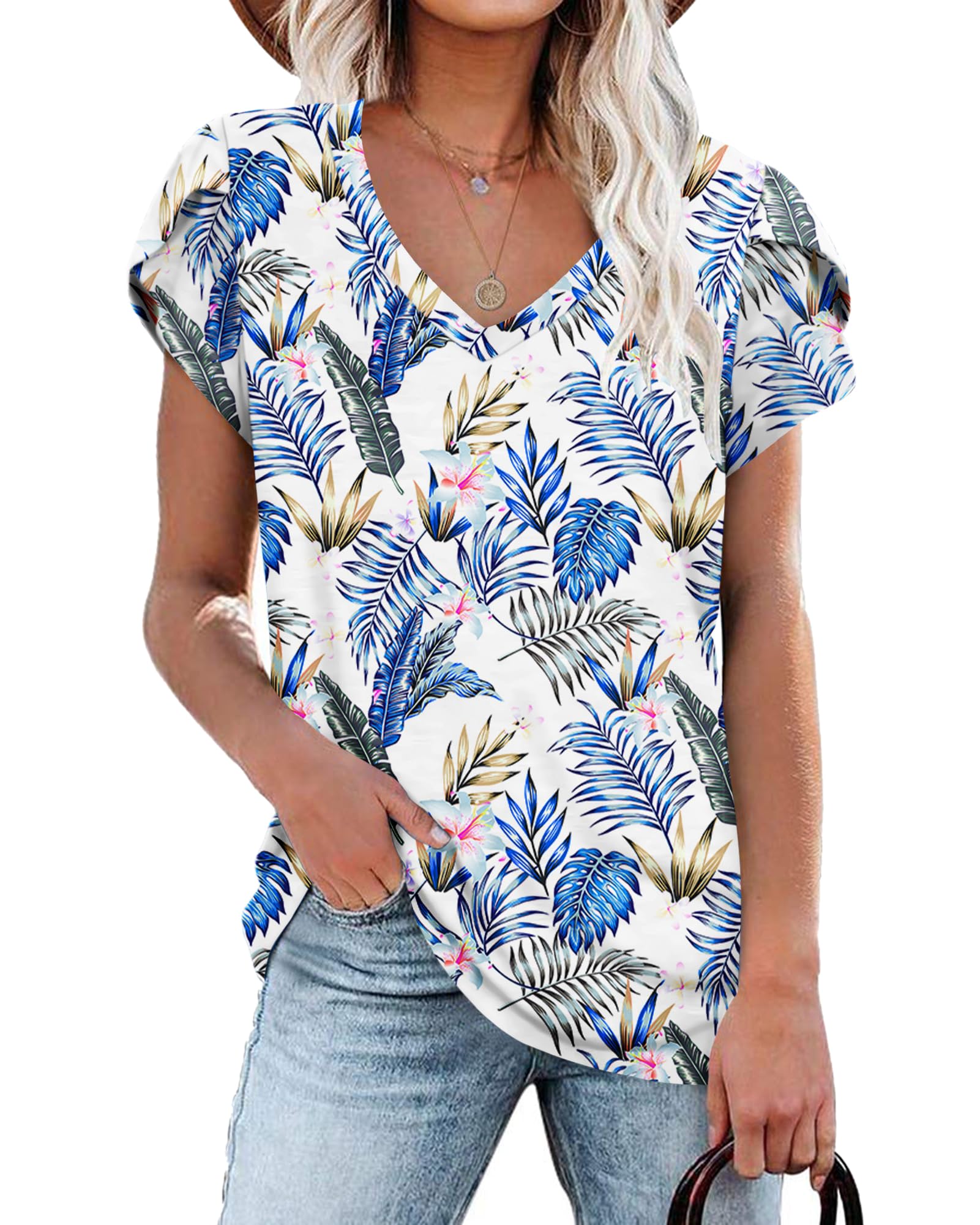 PLOKNRD Women's Casual V-Neck T-Shirt, Long Length, Petal Short Sleeve, Summer Classic Loose Tee, Pink, UK Size | Casual Ladies Beach Loose Tee Solid Color Boho Flower Leopard Print for Daily Outdoor Sports