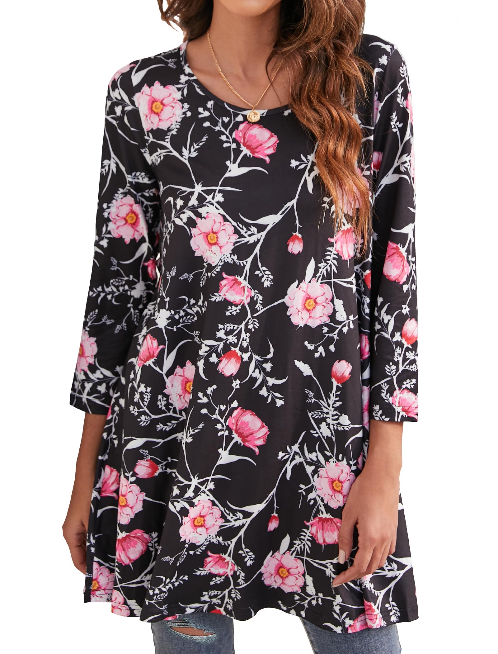 Enmain Womens Tunic Top 3/4 Long Sleeve Tunics for Women UK Plus Size Round Neck Longline Tops for Leggings Ladies Swing T Shirt Casual Loose Stretch Comfortable Blouses Shirts S-5XL