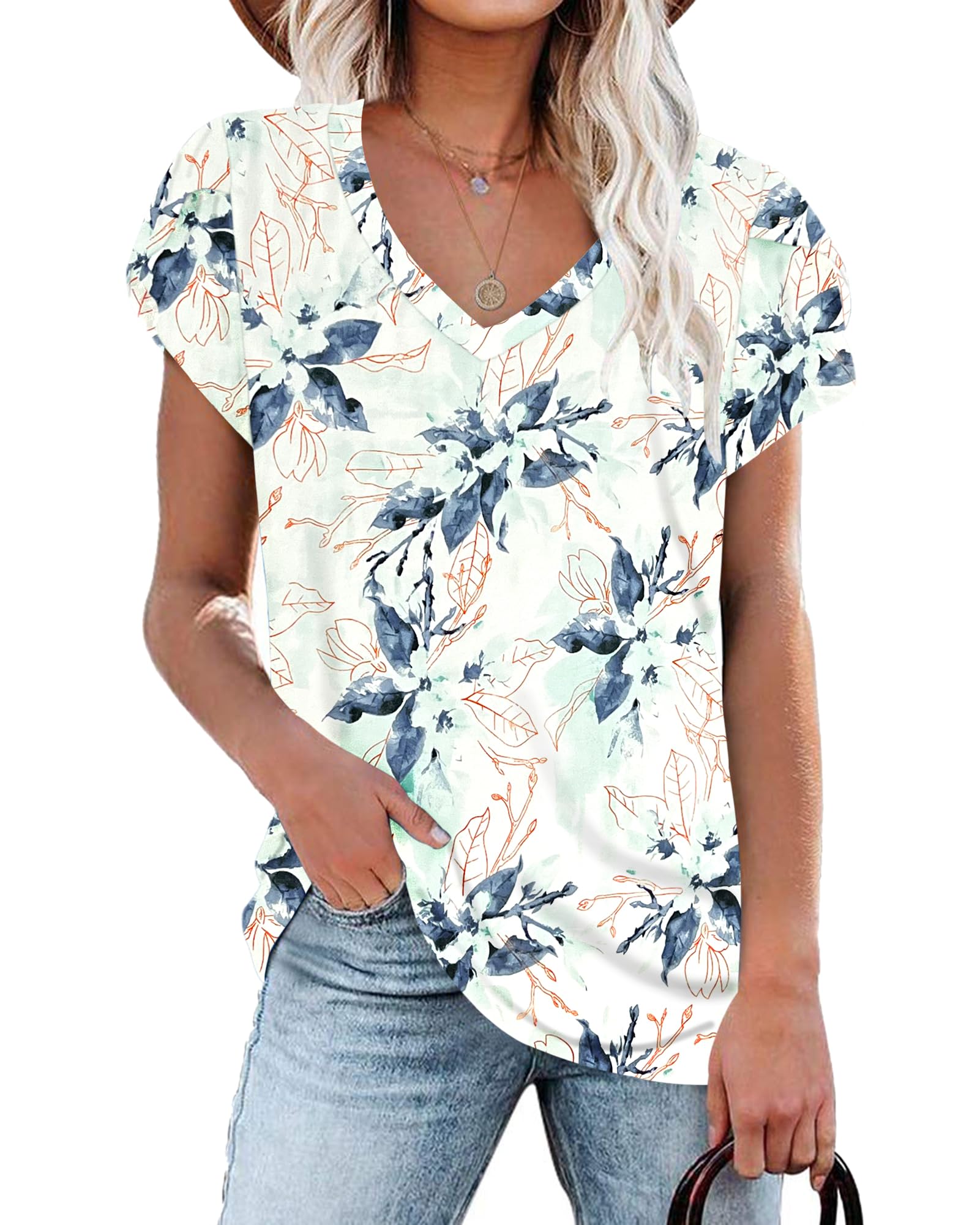 PLOKNRD Women's Casual V-Neck T-Shirt, Long Length, Petal Short Sleeve, Summer Classic Loose Tee, Pink, UK Size | Casual Ladies Beach Loose Tee Solid Color Boho Flower Leopard Print for Daily Outdoor Sports