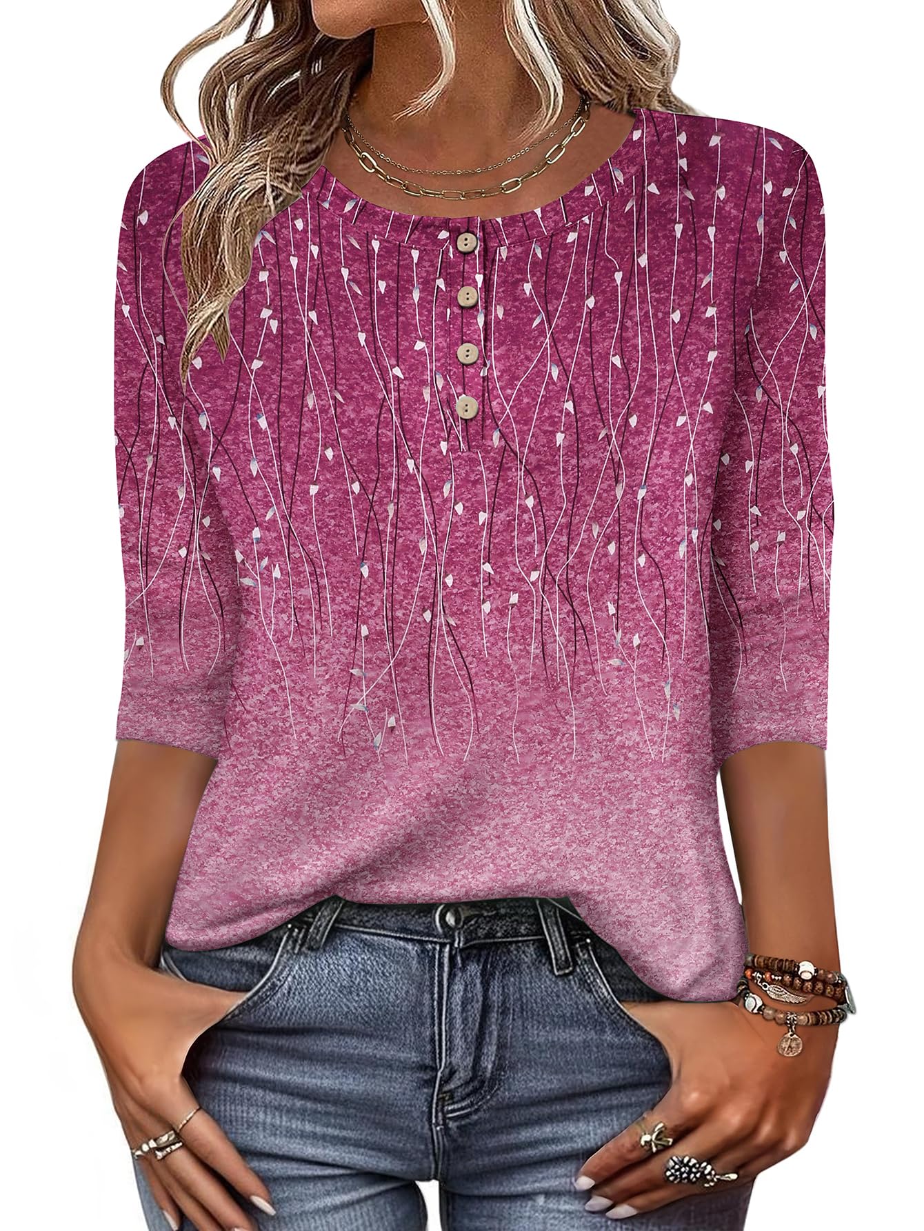 Zeagoo Women 3/4 Sleeve Tops Henley Crew Neck Blouses Casual Summer Tunic | Elegant Tops Summer Autumn T Shirts Dressy Outfits for Women Going Out Top Comfy Soft Variety of Floral S-3XL