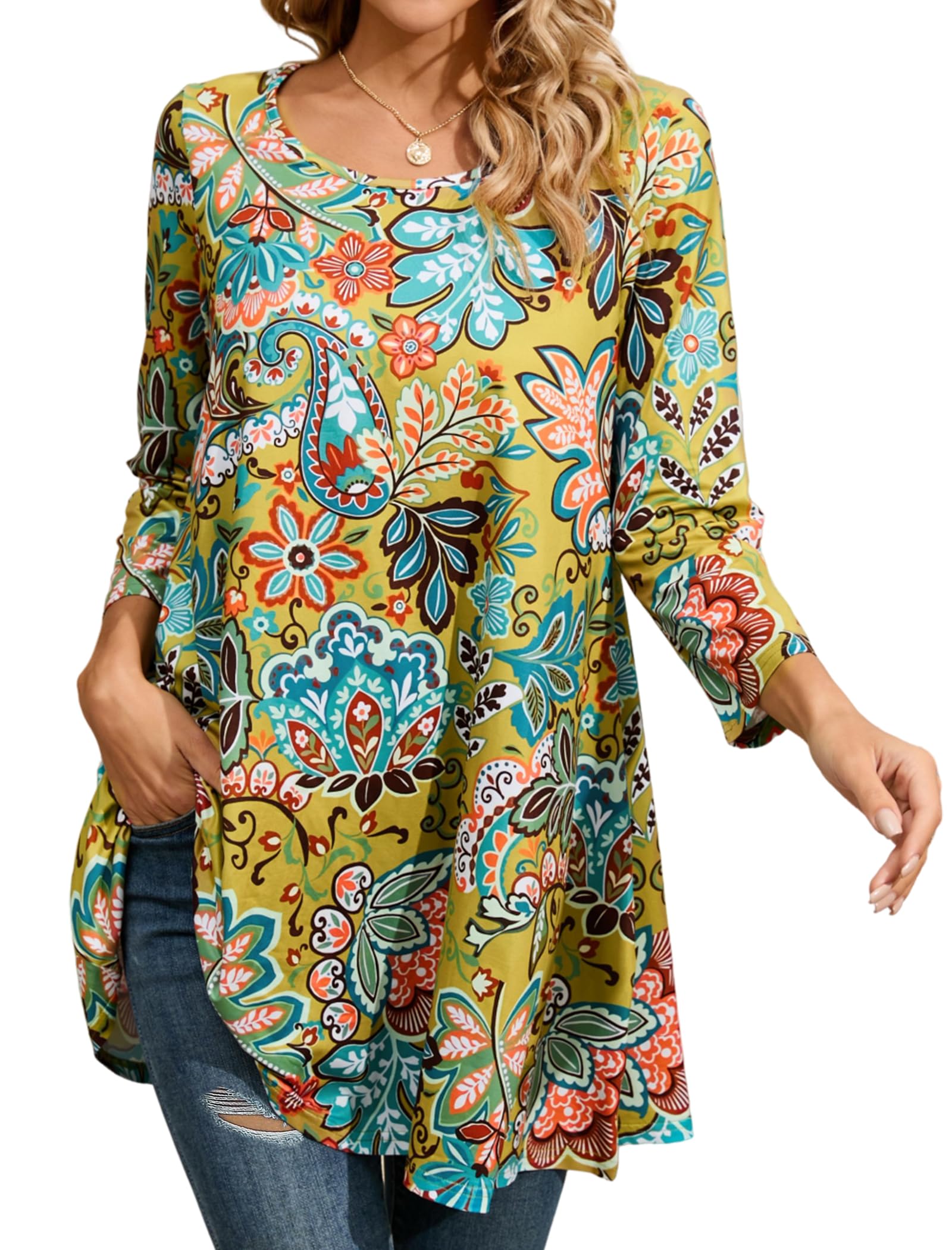 Enmain Womens Tunic Top 3/4 Long Sleeve Tunics for Women UK Plus Size Round Neck Longline Tops for Leggings Ladies Swing T Shirt Casual Loose Stretch Comfortable Blouses Shirts S-5XL