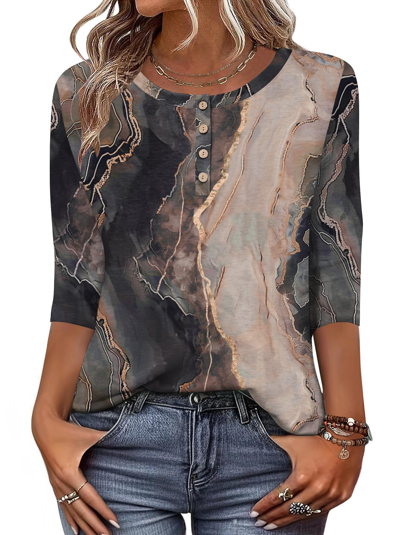 Zeagoo Women 3/4 Sleeve Tops Henley Crew Neck Blouses Casual Summer Tunic | Elegant Tops Summer Autumn T Shirts Dressy Outfits for Women Going Out Top Comfy Soft Variety of Floral S-3XL