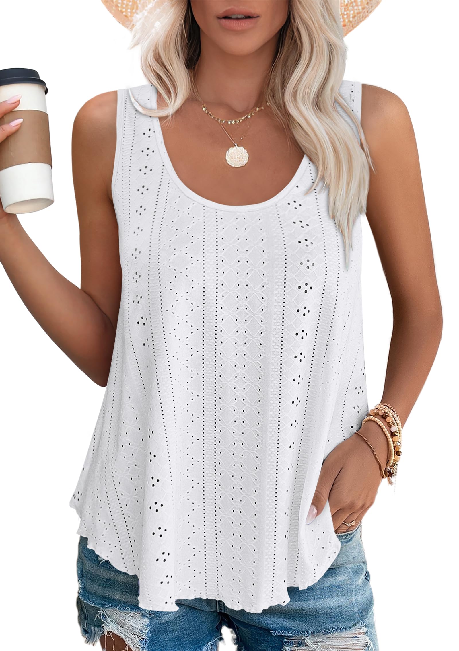 Aokosor Ladies Tops Vest Scoop Neck Sleeveless Eyelet Embroidery Tank Women Summer Clothes