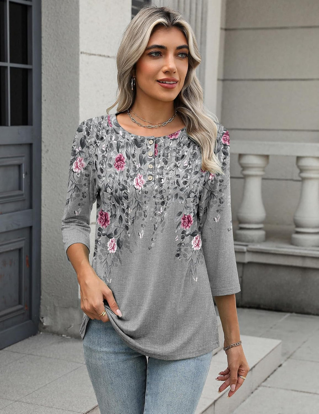 Zeagoo Women 3/4 Sleeve Tops Henley Crew Neck Blouses Casual Summer Tunic | Elegant Tops Summer Autumn T Shirts Dressy Outfits for Women Going Out Top Comfy Soft Variety of Floral S-3XL