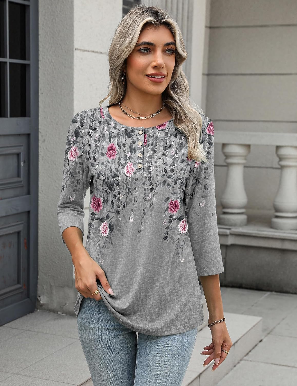 Zeagoo Women 3/4 Sleeve Tops Henley Crew Neck Blouses Casual Summer Tunic | Elegant Tops Summer Autumn T Shirts Dressy Outfits for Women Going Out Top Comfy Soft Variety of Floral S-3XL