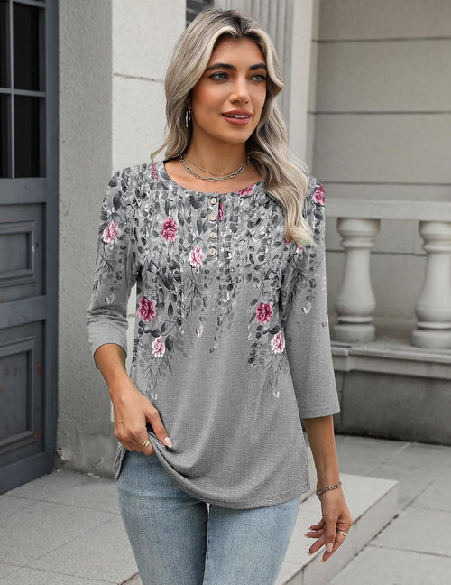 Zeagoo Women 3/4 Sleeve Tops Henley Crew Neck Blouses Casual Summer Tunic | Elegant Tops Summer Autumn T Shirts Dressy Outfits for Women Going Out Top Comfy Soft Variety of Floral S-3XL