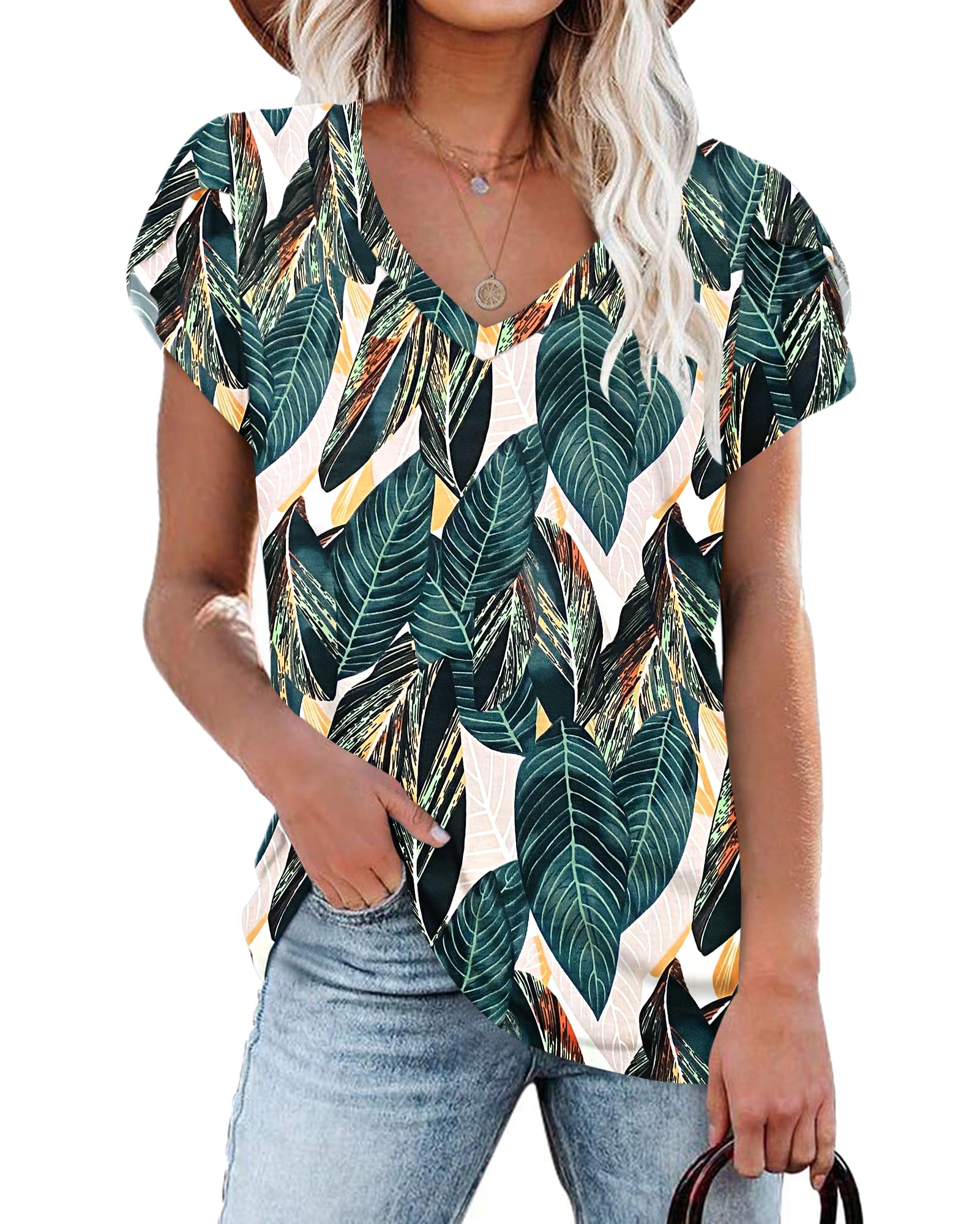 PLOKNRD Women's Casual V-Neck T-Shirt, Long Length, Petal Short Sleeve, Summer Classic Loose Tee, Pink, UK Size | Casual Ladies Beach Loose Tee Solid Color Boho Flower Leopard Print for Daily Outdoor Sports