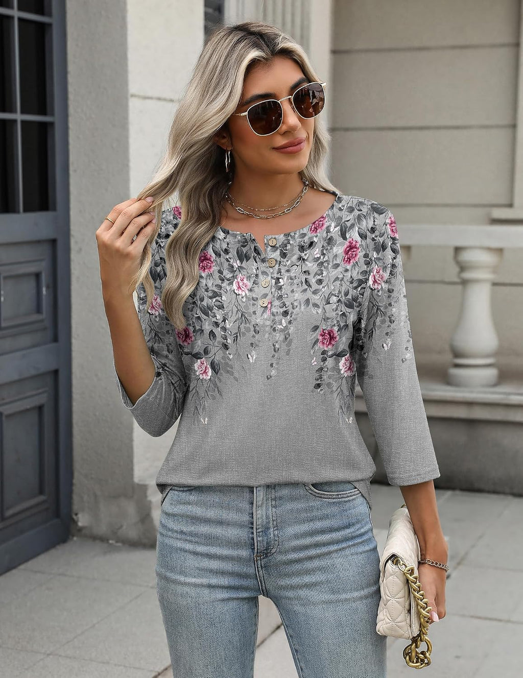 Zeagoo Women 3/4 Sleeve Tops Henley Crew Neck Blouses Casual Summer Tunic | Elegant Tops Summer Autumn T Shirts Dressy Outfits for Women Going Out Top Comfy Soft Variety of Floral S-3XL