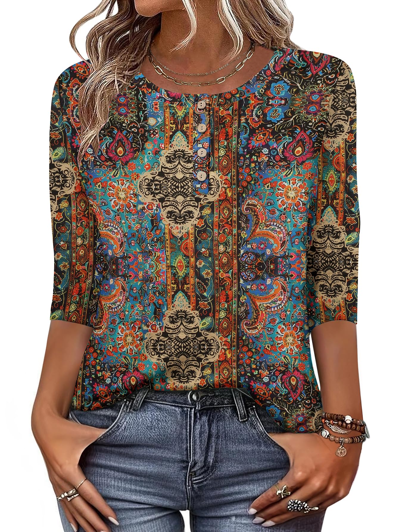 Zeagoo Women 3/4 Sleeve Tops Henley Crew Neck Blouses Casual Summer Tunic | Elegant Tops Summer Autumn T Shirts Dressy Outfits for Women Going Out Top Comfy Soft Variety of Floral S-3XL