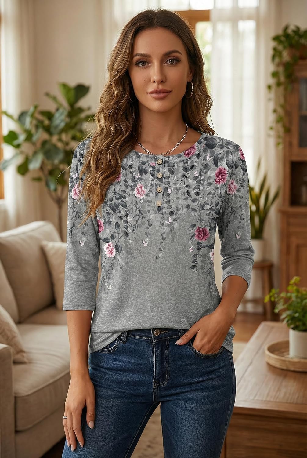Zeagoo Women 3/4 Sleeve Tops Henley Crew Neck Blouses Casual Summer Tunic | Elegant Tops Summer Autumn T Shirts Dressy Outfits for Women Going Out Top Comfy Soft Variety of Floral S-3XL