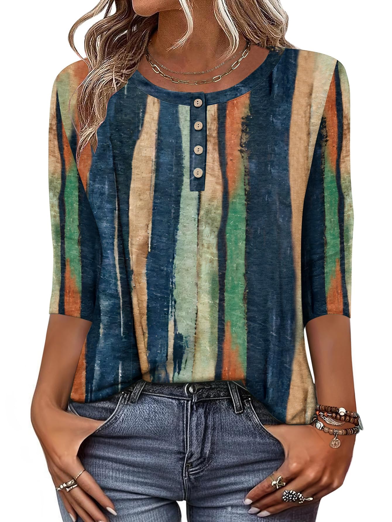 Zeagoo Women 3/4 Sleeve Tops Henley Crew Neck Blouses Casual Summer Tunic | Elegant Tops Summer Autumn T Shirts Dressy Outfits for Women Going Out Top Comfy Soft Variety of Floral S-3XL