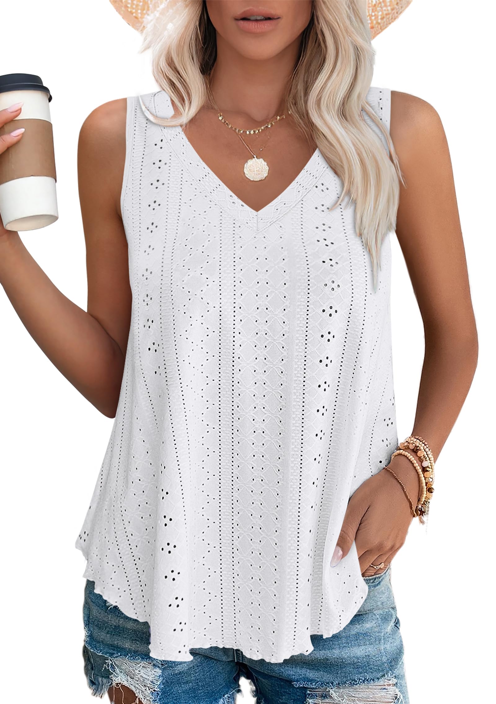 Aokosor Ladies Tops Vest Scoop Neck Sleeveless Eyelet Embroidery Tank Women Summer Clothes